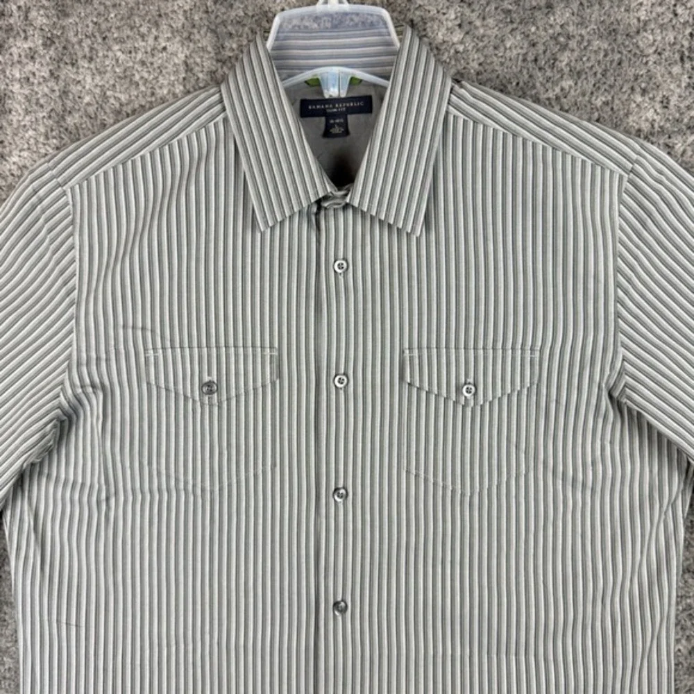 Banana Republic Men's L 16-16 1/2 Grey Green Slim Fit Striped Button Down Shirt